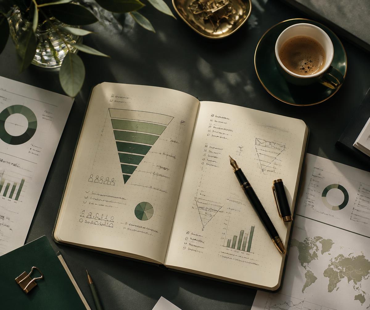 Mesa de trabalho de estrategista com caderno de funis de marketing, gráficos e caneta-tinteiro
